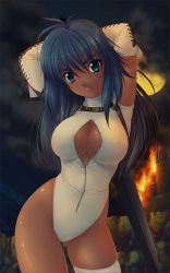 Rule 34 | 1girl, arms behind head, arms up, arshes nei, bastard!!, blue eyes, blue hair, breasts, center opening, cleavage, cleavage cutout, clothing cutout, contrapposto, curvy, dark-skinned female, dark elf, dark skin, elbow gloves, elf, fire, gloves, hip focus, ishii akira, large breasts, leotard, long hair, matching hair/eyes, moon, pointy ears, skin tight, solo, spandex, sword, thighhighs, weapon, wide hips, zipper