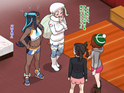 Rule 34 | 4girls, ahoge, bed, black hair, blonde hair, boots, brown hair, creatures (company), dark-skinned female, dark skin, feet, from above, full body, fur hat, game freak, gloria (pokemon), groin, habatakuhituji, hands on own hips, hat, indoors, japanese text, long hair, looking at another, marnie (pokemon), mature female, melony (pokemon), midriff, multicolored hair, multiple girls, nail polish, navel, nessa (pokemon), nintendo, open mouth, pink skirt, pokemon, pokemon swsh, sandals, short hair, short shorts, shorts, skirt, smile, sports bra, standing, talking, toes, translation request, twintails, two-tone hair, ushanka