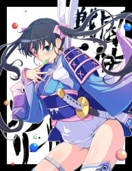 Rule 34 | 2girls, :p, armor, armored dress, bandages, black hair, blue eyes, blurry, blush, border, bow, candy, depth of field, djibril aries, eating, fingernails, flat chest, food, hair bow, japanese armor, japanese clothes, jinno hikari, katana, kimono, leaning forward, long fingernails, long hair, looking at viewer, makai tenshi djibril, multiple girls, no pants, obi, one-piece swimsuit, one eye closed, painpa, paint, sash, school swimsuit, sengoku tenshi djibril, sheath, sheathed, shoulder armor, sode, solo focus, standing, swimsuit, swimsuit under clothes, sword, thigh strap, thighhighs, thighs, tongue, tongue out, turtleneck, twintails, weapon, white one-piece swimsuit, white school swimsuit, wide sleeves, wink