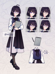 Rule 34 | 1girl, :p, ^ ^, absurdres, ahoge, artist name, black-framed eyewear, black bow, black bowtie, black footwear, black hair, black skirt, blue sweater vest, blush, bow, bowtie, brown pantyhose, character sheet, closed eyes, closed mouth, unworn clothes, collared shirt, commentary, crescent, english commentary, english text, expressions, facing viewer, frilled shirt collar, frills, frown, full body, glasses, grey background, grey skirt, hair ornament, hairclip, high-waist skirt, highres, holding, holding stylus, holding tablet pc, layered skirt, long sleeves, looking ahead, looking down, multiple persona, naih cy, nervous, open mouth, original, pantyhose, portrait, puffy long sleeves, puffy sleeves, purple eyes, round eyewear, shirt, short hair, skirt, sleeve cuffs, smile, standing, stylus, sweater vest, tablet pc, tongue, tongue out, twitter username, upper body, watermark, wavy mouth, white shirt