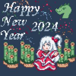 Rule 34 | 1girl, 2024, :d, bamboo, capelet, chinese zodiac, dragon, dress, english text, full body, grey hair, hair bobbles, hair ornament, happy new year, kadomatsu, long hair, long sleeves, looking at viewer, new year, nukekip, one side up, open mouth, pixel art, red capelet, red dress, shinki (touhou), side ponytail, smile, solo, touhou, touhou (pc-98), year of the dragon