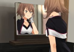 Rule 34 | 1girl, annin musou, bad id, bad twitter id, brown hair, capelet, commentary, gloves, green eyes, hand on own face, indoors, kantai collection, looking at mirror, mirror, mutsu (kancolle), mutsu kai ni (kancolle), no headgear, reflection, short hair, sitting, smile, solo, upper body, white gloves