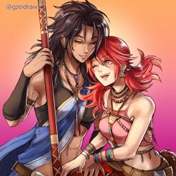 Rule 34 | abs, black hair, bracelet, brown eyes, dark-skinned female, dark skin, earrings, final fantasy, final fantasy xiii, green eyes, gzei, hand on own hip, highres, jewelry, leaning on person, looking at another, oerba dia vanille, oerba yun fang, open mouth, polearm, red hair, sash, sleeveless, smile, twintails, upper body, weapon
