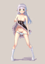 Rule 34 | 1girl, absurdres, aqua eyes, bad id, bad pixiv id, black skirt, blunt bangs, blush, breasts, clothes lift, collarbone, elf, embarrassed, floating hair, floral print, frilled skirt, frills, full body, grey background, high-waist skirt, highres, kneehighs, lifting own clothes, long hair, navel, nipples, original, panties, panty pull, pointy ears, pulling own clothes, purple hair, pussy, pussy juice, shadow, shenhai (2556146833), simple background, skirt, skirt lift, small breasts, socks, solo, standing, stomach, topless, underwear, very long hair, white socks