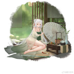 Rule 34 | 1girl, anklet, bamboo, bamboo screen, bamboo steamer, bare legs, bare shoulders, barefoot, breasts, chinese clothes, chongqing (warship girls r), cleavage, closed mouth, cup, double bun, dress, dudou, feet, flute, food, full body, hair bun, highres, holding, instrument, jewelry, jianr baike, legs, long hair, looking at viewer, medium breasts, oil-paper umbrella, pastry, plant, see-through, sitting, solo, tassel, teacup, teapot, thighs, toes, umbrella, vase, very long hair, warship girls r, weibo logo, white hair, yellow eyes, zongzi