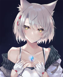 Rule 34 | 1girl, animal ears, camisole, cat ears, cat girl, chest jewel, fingerless gloves, gem, gloves, inoue takuya (tactactak), jacket, mio (xenoblade), shoulder strap, solo, tank top, white camisole, white gloves, white jacket, white tank top, xenoblade chronicles (series), xenoblade chronicles 3, yellow eyes