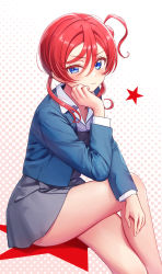 Rule 34 | 1girl, blue eyes, blue jacket, closed mouth, collared shirt, commentary request, crossed legs, deadnooodles, dress, feet out of frame, grey dress, hair between eyes, hand on own cheek, hand on own face, hand up, highres, jacket, long sleeves, looking at viewer, love live!, love live! superstar!!, red hair, shirt, sitting, solo, star (symbol), white shirt, yoneme mei