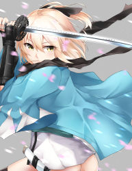 Rule 34 | 1girl, 28aarts, absurdres, ass, black thighhighs, blonde hair, closed mouth, fate (series), grey background, hair between eyes, half updo, haori, highres, holding, holding sword, holding weapon, japanese clothes, katana, kimono, koha-ace, looking at viewer, okita souji (fate), okita souji (koha-ace), petals, ponytail, shinsengumi, short kimono, sidelocks, simple background, solo, sword, thighhighs, unsheathed, weapon, white kimono, yellow eyes