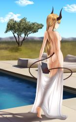 Rule 34 | 1girl, arazand, ass, back, blonde hair, blue eyes, blue sky, breasts, cloud, day, demon girl, demon tail, from behind, grass, highres, horns, long hair, medium breasts, nature, nude, original, outdoors, pool, shoulder blades, sky, solo, tail, tree, very long hair, water