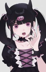 Rule 34 | 1girl, absurdres, black choker, black dress, black hair, black hairband, blunt bangs, choker, collarbone, commentary request, curly hair, demon horns, denonbu, dress, earrings, fake horns, fang, grey background, hair ribbon, hairband, hand up, heart, heart earrings, highres, horns, jewelry, long hair, looking at viewer, nail polish, open mouth, pink eyes, pink ribbon, puffy short sleeves, puffy sleeves, purple nails, red lips, reml, ribbon, ring, short sleeves, simple background, solo, twintails, upper body, wrist cuffs, yodadayo1024
