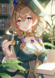 Rule 34 | 1girl, book, bookshelf, braid, closed mouth, commentary request, flower, genshin impact, green eyes, green headwear, hair flower, hair ornament, hand up, harushio, highres, holding, holding book, indoors, light brown hair, lisa (a sobriquet under shade) (genshin impact), lisa (genshin impact), long sleeves, official alternate costume, puffy long sleeves, puffy sleeves, smile, solo, twin braids, vision (genshin impact), window