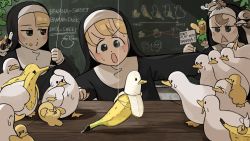 Rule 34 | 3girls, :o, animal, animal on head, animal on shoulder, banana, banana peel, bird, blonde hair, brown hair, cat, chalkboard, chicken, clumsy nun (diva), commentary, curious, diva (hyxpk), doll, drawing, duck, duckling, english commentary, english text, food, food on face, frog, frog headband, froggy nun (diva), fruit, habit, hanging plant, highres, holding, holding sign, kitten, little nuns (diva), multiple girls, nervous sweating, nose bubble, nun, o3o, on head, ostrich, pulling, scared, shadow, sign, spicy nun (diva), string, sunglasses, sweat, sweatdrop, tears, traditional nun, triangle mouth, whistling