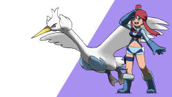 Rule 34 | 1girl, arm up, bird, blacknirrow, blue eyes, blue footwear, blue gloves, blue ribbon, blue shirt, blue shorts, boots, breasts, creatures (company), crop top, female focus, full body, game freak, gen 5 pokemon, gloves, grey eyes, hair ribbon, happy, highres, legs, long hair, long sleeves, looking to the side, medium breasts, navel, nintendo, open mouth, pokemon, pokemon (creature), pokemon bw, pouch, purple background, red hair, ribbon, shading eyes, shirt, short shorts, shorts, simple background, skyla (pokemon), smile, standing, stomach, swanna, teeth, thigh pouch, thigh strap, thighs, topknot, two-tone background, white background
