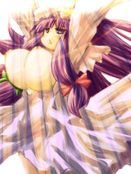 Rule 34 | 1girl, breasts, breasts out, female focus, hirowa nagi, huge breasts, large breasts, long hair, patchouli knowledge, purple eyes, purple hair, royal flare, solo, touhou