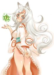 Rule 34 | 1girl, amaterasu (ookami), animal ears, back, blush, covering privates, covering ass, curly hair, grey eyes, issun, japanese clothes, kimono, legs, long hair, mini person, miniboy, ookami (game), personification, tsuutenkaaku, white hair