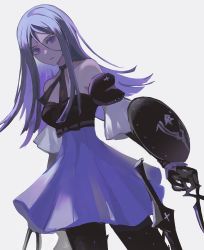 Rule 34 | 1girl, armor, bare shoulders, black gloves, black ribbon, bow, breasts, buckler, choker, collarbone, cross, detached sleeves, drag-on dragoon, drag-on dragoon 3, dress, dual wielding, facial mark, forehead mark, gauntlets, gloves, hair between eyes, hair ornament, hairclip, highres, holding, holding scissors, leg armor, long hair, medium breasts, miichinori, neck ribbon, parted lips, purple dress, purple eyes, purple gloves, purple hair, ribbon, ribbon choker, roman numeral, scissors, shield, shin guards, simple background, solo, sword, three (drag-on dragoon), weapon, white background