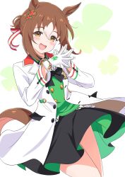 Rule 34 | 1girl, animal ears, ascot, black ascot, black bow, black skirt, blush, bow, bracelet, breasts, brown hair, buttons, clover hair ornament, collared shirt, commentary, cowboy shot, double-breasted, fine motion (umamusume), folded ponytail, gloves, green eyes, green vest, hair between eyes, hair bun, hair ornament, highres, horse ears, horse girl, horse tail, jacket, jewelry, kamuraaa 615, long sleeves, looking at viewer, multicolored hair, open clothes, open jacket, open mouth, own hands clasped, own hands together, shirt, short hair, simple background, skirt, small breasts, smile, solo, streaked hair, tail, umamusume, vest, white background, white hair, white jacket