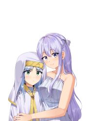 Rule 34 | 2girls, absurdres, alternate hair color, artist request, bare shoulders, blue hair, blush, braid, closed mouth, collarbone, crescent, crescent hair ornament, crossover, dress, elise k. bradwell, french braid, green eyes, grey dress, habit, hair ornament, highres, hug, index (toaru majutsu no index), long hair, multiple girls, nun, original, purple eyes, purple hair, safety pin, second-party source, simple background, smile, toaru majutsu no index, white background