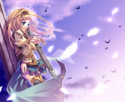 Rule 34 | 1girl, alicia, alicia (valkyrie profile 2), bird, blonde hair, blue eyes, boots, cloud, feathers, hairband, komi zumiko, long hair, overskirt, princess, puffy sleeves, sheath, sheathed, silmeria, skirt, sky, solo, standing, sword, thigh boots, thighhighs, valkyrie profile (series), valkyrie profile 2: silmeria, weapon, zettai ryouiki