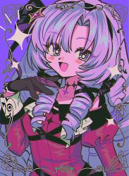 Rule 34 | 1girl, :d, artist name, bare shoulders, black gloves, black hairband, blush, blush stickers, border, chromatic aberration, claw ring, colored skin, dress, drill hair, drill sidelocks, eyes visible through hair, gloves, hair ribbon, hairband, highres, hyakumantenbara salome, hyakumantenbara salome (1st costume), juliet sleeves, long hair, long sleeves, looking at viewer, menma (enaic31), nijisanji, off-shoulder dress, off shoulder, open mouth, pink skin, puffy sleeves, purple background, purple eyes, purple hair, red dress, ribbon, sidelocks, simple background, smile, solo, twitter username, upper body, virtual youtuber