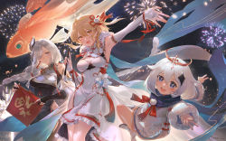 Rule 34 | 3girls, alternate costume, armpits, blonde hair, blue eyes, braid, breasts, capelet, china dress, chinese clothes, dress, fairy, fingerless gloves, fireworks, fish, fur trim, genshin impact, gloves, goldfish, hair ornament, hair over one eye, halo, highres, long hair, looking at viewer, low-braided long hair, low-tied long hair, lumine (genshin impact), mujizi, multiple girls, nail polish, night, night sky, open mouth, outstretched hand, paimon (genshin impact), paintbrush, scarf, shenhe (genshin impact), sky, sleeveless, sleeveless dress, smile, white dress, white gloves, white hair, yellow eyes