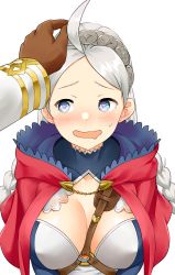 Rule 34 | absurdres, ahoge, blue eyes, braid, breasts, brown gloves, fire, fire emblem, fire emblem fates, fire emblem heroes, gloves, hairband, harness, headpat, heart, heart-shaped pupils, highres, hood, hood down, igni tion, kiran (fire emblem), kiran (male) (fire emblem), large breasts, looking at viewer, male hand, md5 mismatch, nina (fire emblem), nintendo, open mouth, symbol-shaped pupils, twin braids, upper body