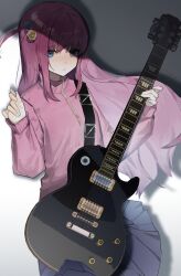 Rule 34 | 1girl, absurdres, blue skirt, bocchi the rock!, breasts, closed mouth, cube hair ornament, gotoh hitori, guitar, hair ornament, highres, holding, holding instrument, instrument, jacket, long hair, long sleeves, looking at viewer, medium breasts, one side up, pink hair, pink jacket, pleated skirt, plectrum, sidelocks, simple background, skirt, solo, very long hair, xi wu