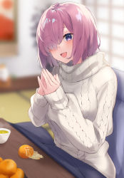Rule 34 | 1girl, absurdres, aran sweater, breasts, cable knit, fate/grand order, fate (series), food, fruit, hair over one eye, highres, kazami chiu, large breasts, light purple hair, looking at viewer, mash kyrielight, orange (fruit), own hands together, purple eyes, short hair, solo, sweater