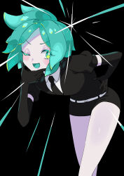 Rule 34 | 1other, :d, absurdres, androgynous, aqua eyes, aqua hair, bad id, bad pixiv id, bad source, belt, black gloves, black shirt, collared shirt, colored eyelashes, colored skin, elbow gloves, gem uniform (houseki no kuni), gloves, hand on own hip, hand on own chin, highres, houseki no kuni, leaning, leaning forward, necktie, one eye closed, open mouth, other focus, parted bangs, phosphophyllite, puffy short sleeves, puffy sleeves, shirt, short hair, short shorts, short sleeves, shorts, smile, white belt, white shirt, white skin, zutazutako