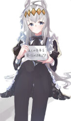 Rule 34 | 1girl, absurdres, ahoge, alternate costume, animal ears, apron, black bow, black dress, black pantyhose, blush, bow, closed mouth, dress, enmaided, feet out of frame, frilled apron, frills, grey eyes, grey hair, ha (hura76752775), highres, holding, holding sign, horse ears, horse girl, horse tail, juliet sleeves, knees up, long hair, long sleeves, maid, multicolored hair, oguri cap (umamusume), pantyhose, puffy sleeves, shadow, sign, simple background, sitting, solo, tail, translation request, two-tone hair, umamusume, very long hair, white apron, white background, white hair