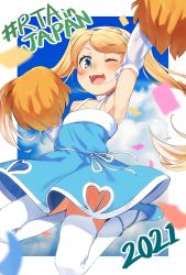 Rule 34 | 1girl, :d, bad id, bad twitter id, blonde hair, blue dress, blue eyes, blue footwear, blurry, blurry background, blush, border, cheerleader, clothing cutout, confetti, copyright name, dated, depth of field, dress, hashtag, headphones, headset, heart cutout, highres, holding, holding pom poms, jumping, looking at viewer, nishiuri, one eye closed, open mouth, pom pom (cheerleading), pom poms, ribbon, rta-chan, rta in japan, sash, shoes, sleeveless, sleeveless dress, smile, solo, thighhighs, twintails, white border, white ribbon, white sash, white thighhighs