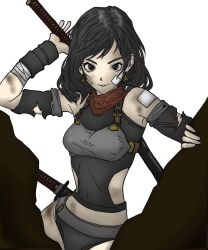 Rule 34 | 1girl, armor, bandaid, bandaid on face, bare shoulders, bikini, bikini bottom only, black bikini, black eyes, black hair, breastplate, clothing cutout, crop top, dirty, dirty hands, guard dog1980, highres, holding, holding sword, holding weapon, looking at viewer, medium hair, messy hair, midriff, original, side cutout, simple background, solo, swimsuit, sword, torn clothes, v-shaped eyebrows, weapon, white background, wristband