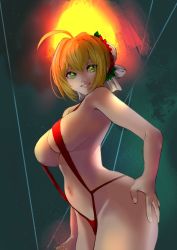 Rule 34 | 10s, 1girl, ahoge, arm at side, blonde hair, breasts, cleavage, cowboy shot, fate/extra, fate (series), from below, green eyes, grin, hair bun, hair ornament, hand on own hip, highres, hotate-chan, large breasts, looking at viewer, navel, nero claudius (fate), nero claudius (fate) (all), nero claudius (fate/extra), night, official alternate costume, one-piece swimsuit, red one-piece swimsuit, short hair, sideboob, single hair bun, slingshot swimsuit, smile, solo, strap gap, swimsuit, underboob