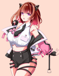Rule 34 | 1girl, absurdres, akai watame, animal ears, black gloves, black necktie, black shorts, breasts, brown background, brown hair, buttons, capybara ears, capybara girl, collared shirt, commentary request, cowboy shot, crop top, earrings, extra eyes, fingerless gloves, gloves, gradient hair, highres, id card, jewelry, large breasts, looking at viewer, medium bangs, medium hair, midriff, multicolored hair, nanashi inc., necktie, open mouth, pink eyes, pink hair, shirt, shorts, simple background, sleeveless, sleeveless shirt, solo, stud earrings, thigh strap, virtual youtuber, w, white shirt, yunohara izumi