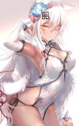 Rule 34 | 1girl, absurdres, animal ears, arched back, black panties, blush, breasts, bright pupils, capelet, cleavage, cleavage cutout, clothing cutout, commentary request, covered erect nipples, covered navel, dark-skinned female, dark skin, dress, elbow gloves, eyelashes, flower, fur trim, girls&#039; frontline, gloves, hair between eyes, hair flower, hair ornament, hair ribbon, highres, large breasts, long hair, m590 (angel&#039;s trumpet) (girls&#039; frontline), m590 (girls&#039; frontline), official alternate costume, panties, parted lips, pottsness, ribbon, side-tie panties, side slit, sidelocks, simple background, solo, tress ribbon, underwear, white dress, white gloves, white hair, yellow eyes