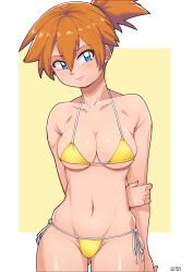 Rule 34 | 1girl, aqua eyes, arm behind back, armpits, arms behind back, artist name, asymmetrical hair, bikini, bikini bottom only, blonde hair, blue bikini, blue eyes, blush, bra, breasts, cameltoe, cleavage, closed mouth, cowboy shot, creatures (company), curvy, female focus, game freak, gez1313, gym leader, hair between eyes, halterneck, highres, huge breasts, large breasts, looking at viewer, looking to the side, lowleg, lowleg bikini, medium breasts, micro bikini, midriff, misty (pokemon), navel, nintendo, nipples, nude, orange hair, panties, pokemon, pokemon (anime), pokemon (classic anime), pokemon rgby, ponytail, shiny skin, short hair, side-tie bikini bottom, side-tie swimsuit, side ponytail, simple background, smile, solo, standing, steaming body, stomach, string bikini, swimsuit, thick thighs, thighs, topless, underwear, white background, wide hips, yellow background, yellow bikini