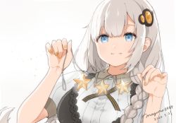 Rule 34 | 1girl, binchou maguro, blue eyes, commentary, dated, dress, hair ornament, hands up, highres, holding, kizuna akari, light smile, long hair, looking at viewer, short sleeves, signature, star ornament, string, upper body, very long hair, vocaloid, voiceroid, white dress, white hair