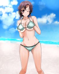 Rule 34 | 1girl, beach, bikini, breasts, brown eyes, brown hair, covering privates, covering breasts, day, hand under clothes, hand under swimsuit, hands on breasts, highres, masaki nonoka, one eye closed, photokano, short hair, smile, solo, swimsuit, tranquilizer (bestcenter), wink