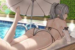 Rule 34 | 1girl, absurdres, arched back, ass, azur lane, back, barefoot, bikini, breasts, caustics, commentary request, craiven, detached sleeves, drake (azur lane), drake (the golden hind&#039;s respite) (azur lane), from side, glint, grey hair, half-closed eyes, halterneck, highres, huge filesize, large breasts, legs together, long hair, looking at viewer, looking back, multi-strapped bikini, ponytail, pool, poolside, see-through, see-through sleeves, skindentation, solo, string bikini, swimsuit, thighs, umbrella, very long hair, water, wet, white bikini, wooden floor, yellow eyes