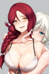 Rule 34 | 2girls, alternate breast size, anastasia (idolmaster), aqua eyes, bare arms, bare shoulders, blush, bra, braid, breasts, closed eyes, commentary, crossover, eyes visible through hair, grey background, grey hair, hair between eyes, hair ornament, hair over shoulder, hairclip, highres, hug, hug from behind, idolmaster, idolmaster cinderella girls, large breasts, long hair, looking at viewer, love live!, love live! sunshine!!, multiple girls, nude, parted lips, pink lips, red hair, sakurauchi riko, short hair, simple background, single braid, smile, smug, tony guisado, underwear, white bra, yellow eyes