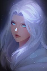 Rule 34 | 1girl, blue eyes, braid, chaosringen, commentary, english commentary, final fantasy, final fantasy xiv, from side, half updo, highres, long hair, looking at viewer, parted lips, portrait, single braid, solo, venat (ff14), white hair