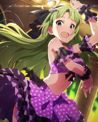Rule 34 | 10s, 1girl, :d, ahoge, aqua eyes, bare shoulders, dancing, green hair, hairband, idolmaster, idolmaster million live!, long hair, looking at viewer, navel, official art, open mouth, shimabara elena, skirt, smile, solo, sweat, wristband
