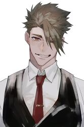 Rule 34 | 1boy, achilles (fate), alternate costume, black vest, brown eyes, brown hair, collared shirt, fate/grand order, fate (series), grin, hair over one eye, haruakira, highres, looking at viewer, male focus, mature male, necktie, red necktie, shirt, short hair, simple background, smile, tie clip, undercut, upper body, vest, white background, white shirt