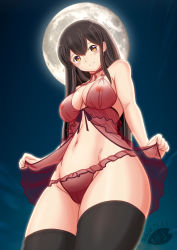 Rule 34 | 1girl, akagi (kancolle), alternate costume, babydoll, black thighhighs, breasts, brown eyes, brown hair, covered erect nipples, from below, full moon, kantai collection, large breasts, long hair, moke ro, moon, navel, night, night sky, outdoors, panties, red babydoll, red panties, see-through, sky, solo, standing, straight hair, thighhighs, underwear, underwear only
