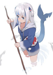 Rule 34 | absurdres, blue eyes, blue hair, blue hoodie, blunt bangs, blush, collarbone, commentary request, drawstring, fins, fish tail, fishing, gawr gura, gawr gura (1st costume), highres, holding, hololive, hololive english, hood, hoodie, ina (inadiary), long hair, long sleeves, looking away, looking down, multicolored hair, no pants, nose blush, shark girl, shark tail, silver hair, solo, standing, streaked hair, tail, tears, two-tone hair, two side up, v-shaped eyebrows, virtual youtuber, wading, water, wide sleeves