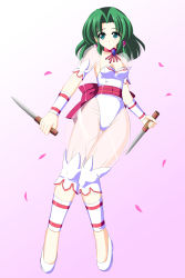 Rule 34 | 1girl, absurdres, ankle cuffs, bloomers, bow, choker, dagger, dual wielding, earrings, ellis (toushinden), flats, full body, gradient background, green eyes, green hair, highres, holding, holding dagger, holding knife, holding weapon, jewelry, knife, leotard, matching hair/eyes, petals, pink background, pink bow, ribbon, see-through, see-through sleeves, shoes, short hair, solo, thigh gap, toushinden, underwear, weapon, white background, white leotard, wrist cuffs, yakkey