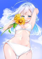 Rule 34 | 1girl, absurdres, armpits, bikini, blue eyes, blue sky, blush, cloud, commentary request, day, dutch angle, eme (emeralda), flower, highres, long hair, looking at viewer, looking down, navel, open mouth, original, outdoors, side-tie bikini bottom, sky, solo, swimsuit, white bikini, white hair