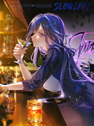Rule 34 | 1girl, absurdres, adapted costume, bar (place), black jacket, black pantyhose, black skirt, blue hair, breasts, clorinde (genshin impact), cocktail glass, commentary, cup, dangle earrings, dark blue hair, drinking glass, drum, drum set, earrings, elbows on table, from side, genshin impact, hair between eyes, highres, holding, holding cup, instrument, jacket, jewelry, jh-yuan, large breasts, leaning forward, long hair, long hair between eyes, looking at viewer, looking to the side, low ponytail, microphone stand, multicolored hair, pantyhose, pencil skirt, purple eyes, sitting, skirt, solo, sparkle, streaked hair