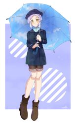 Rule 34 | 1girl, beret, black hat, black jacket, blue sailor collar, blue shirt, blue umbrella, blush, brown footwear, brown shorts, buttons, commentary, dot nose, expressionless, full body, hat, highres, holding, holding umbrella, idolmaster, idolmaster million live!, jacket, legs, long sleeves, looking at viewer, makabe mizuki, purple background, purple hair, sailor collar, shirt, short hair, shorts, sidelocks, signature, solo, symbol-only commentary, umbrella, warchan04, wavy hair, yellow eyes
