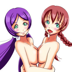 Rule 34 | 2girls, aqua eyes, artist name, bare shoulders, blue eyes, blush, braid, breast press, breasts, brown hair, closed mouth, collarbone, emma verde, female focus, floating hair, freckles, green eyes, hair between eyes, hair tie, hug, large breasts, long hair, looking at viewer, love live!, love live! nijigasaki high school idol club, love live! school idol project, medium breasts, multiple girls, nude, parted lips, purple hair, red hair, signature, simple background, smile, symmetrical docking, tojo nozomi, twin braids, twintails, upper body, wavy hair, white background, zero mozzarella